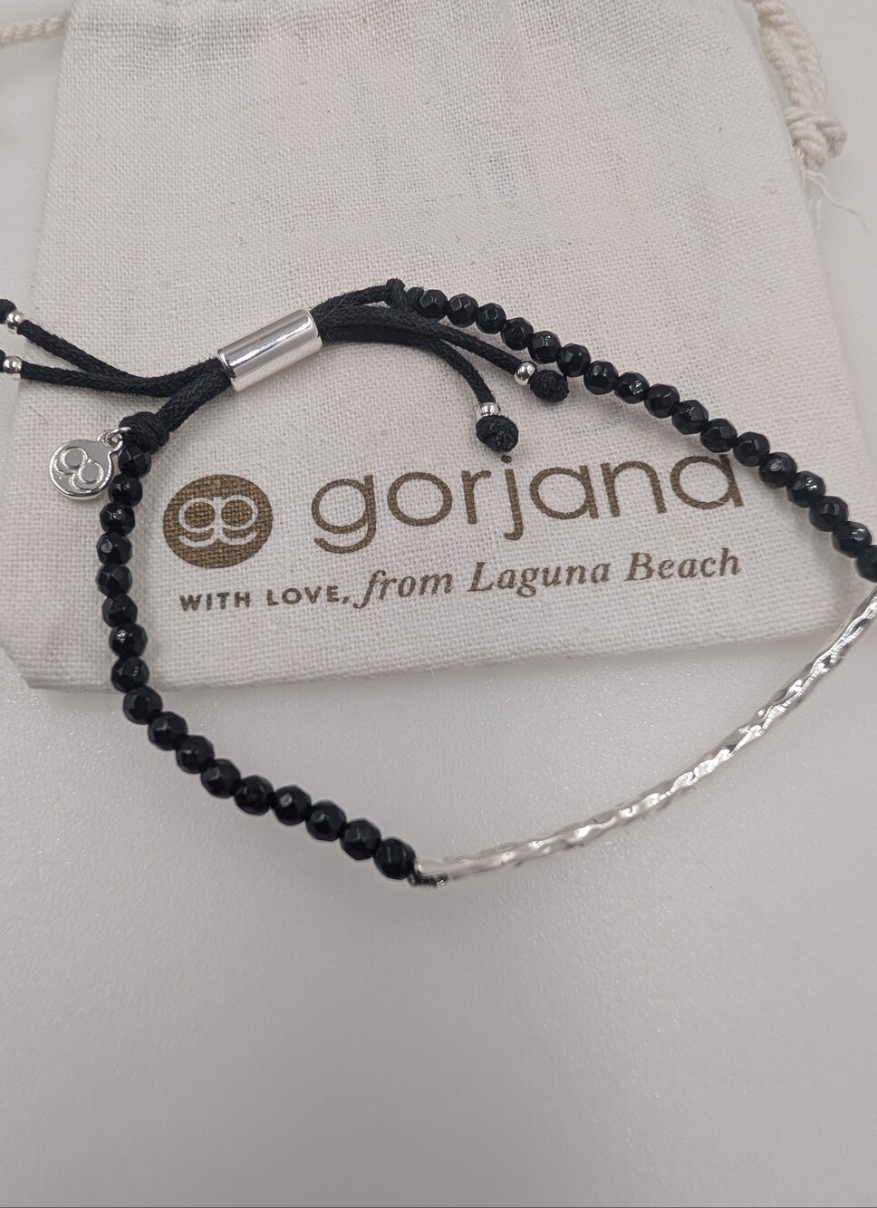 Gorjana Black Onyx Power Gemstone Silver Tone Hammered Bar Slider Bracelet m113